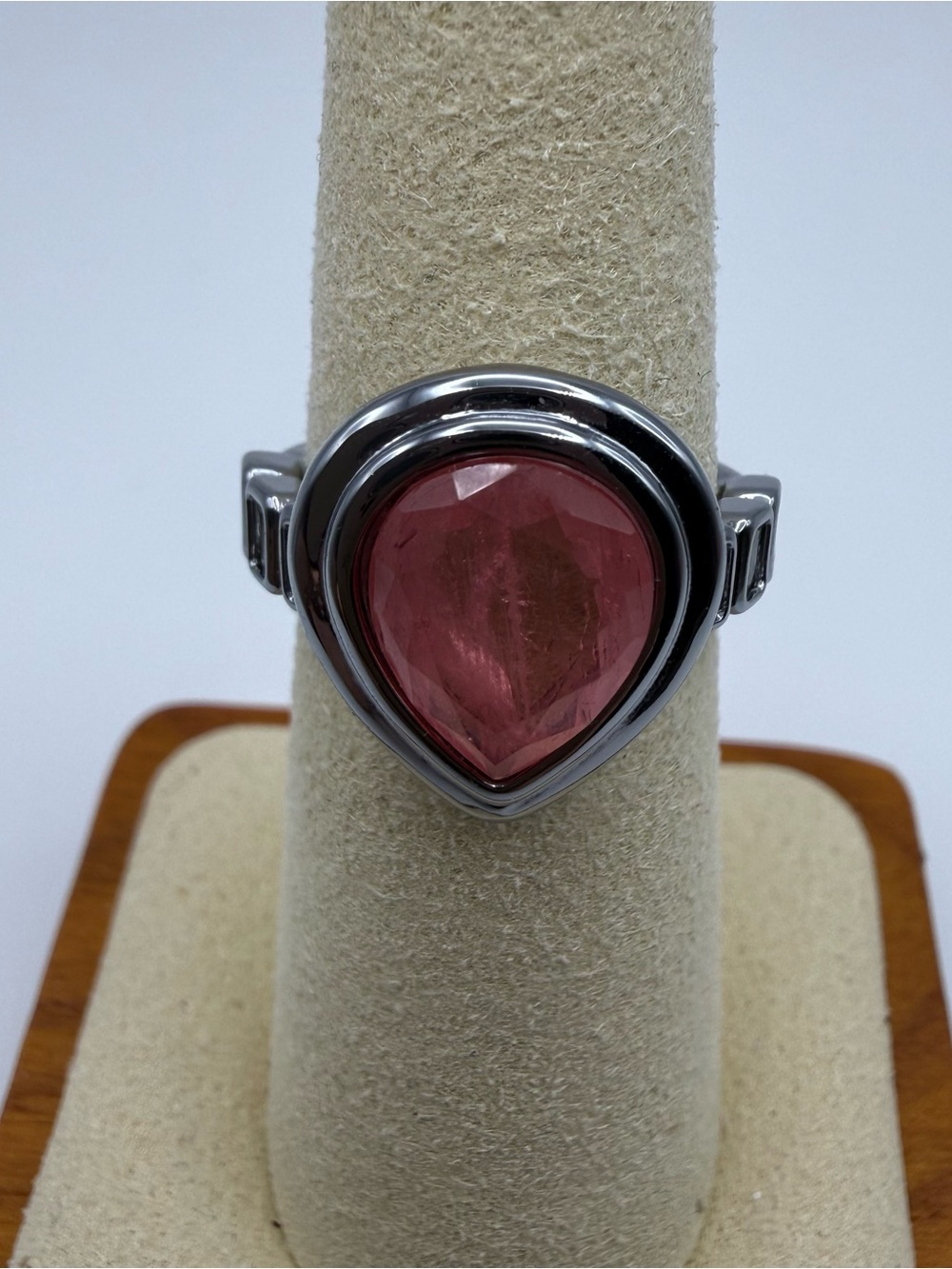 Bomb Party Ring Size 6 Large Pink Pear Cut Stone Silver Tone Statement Ring